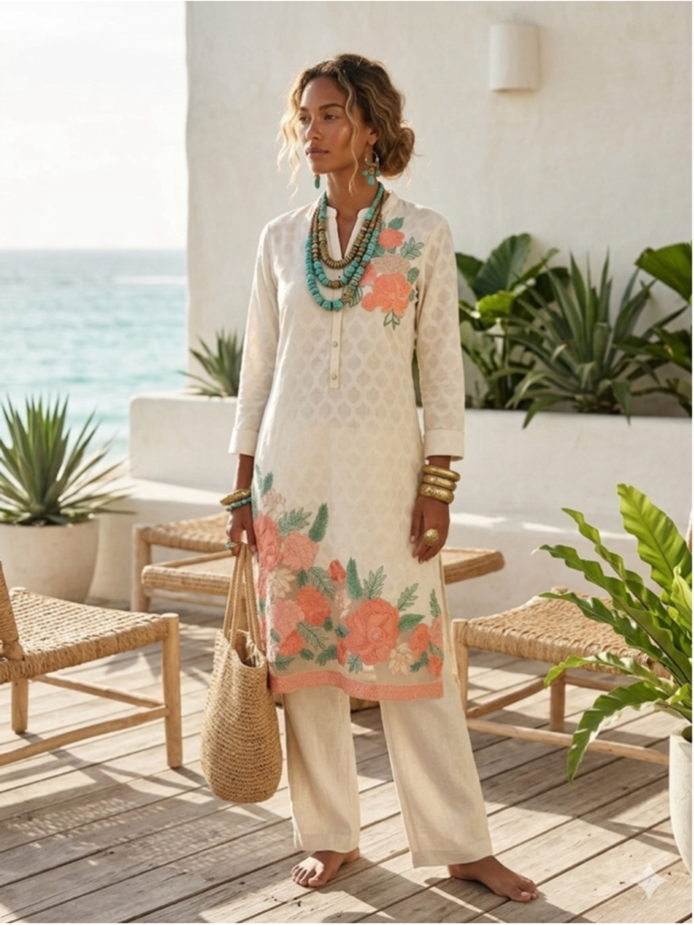 LIMELIGHT Women's Embroidered Kurta Dress Size S Ivory Coral Floral Boho Tunic